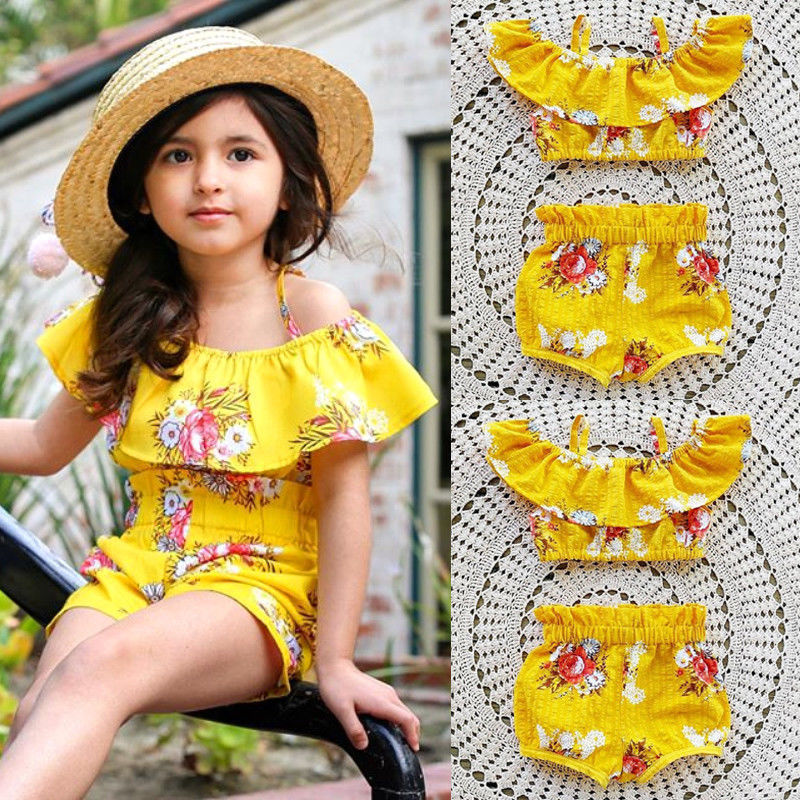 

Toddler Baby Kids Girl Royal Floral Strap Tops Shorts Summer Outfits Set Clothes, Yellow