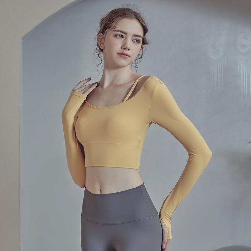 

Yoga Outfit Women Long Sleeve Blouse Running Shirts Sexy Exposed Navel T-shirts Sports Fitness Gym Crop Tops Sport Athletic Wear