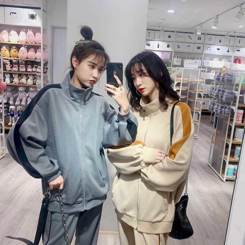 

Sports suit women autumn leisure sweatshirt loose and comfortable Korean women's spring two-piece s 210526, Apricot suit
