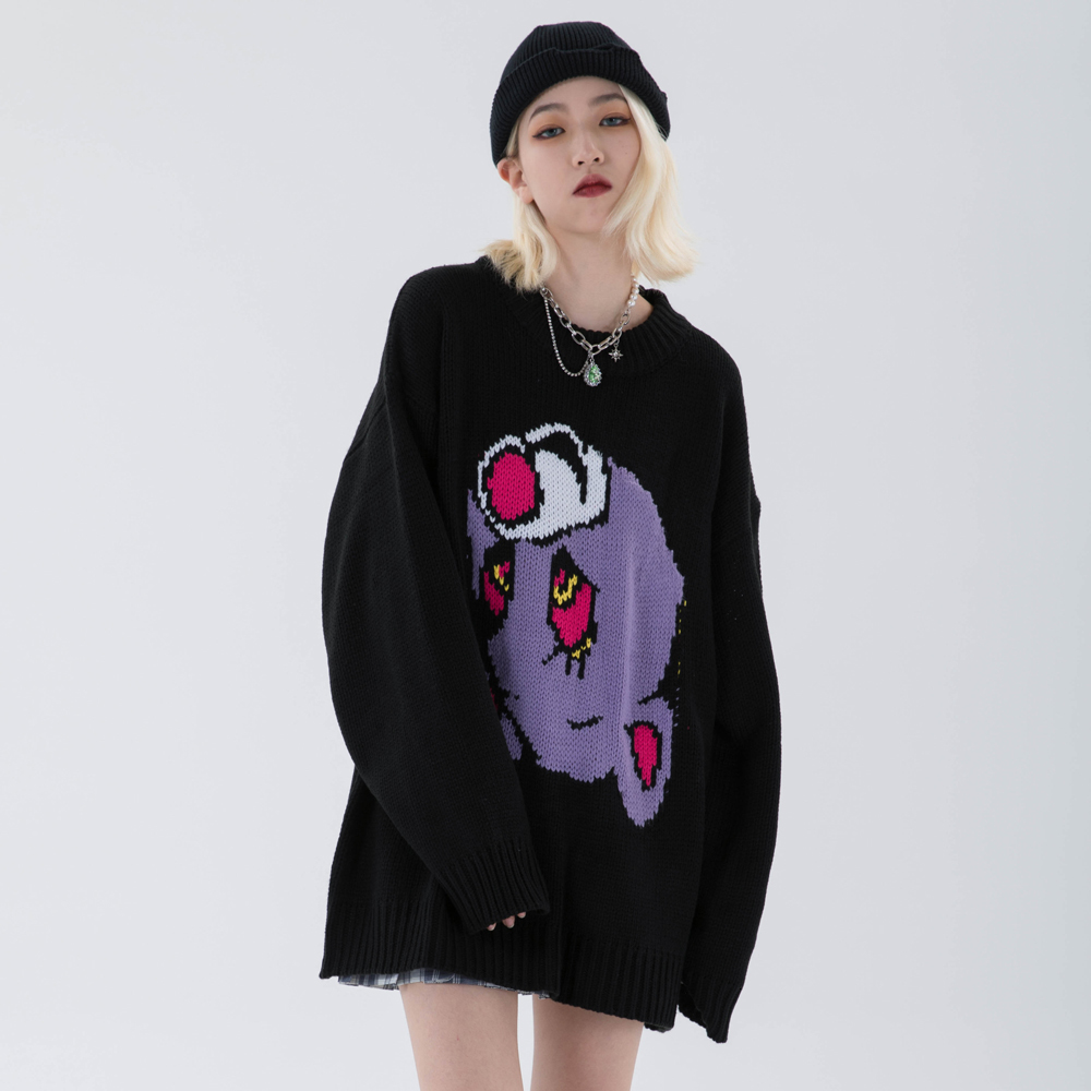 

2021 New Sweater Men Color Cartoon Animal Knitted Streetwear Winter Harajuku Oversized Hip Hop High Street Pullover Couple Rswr, Black