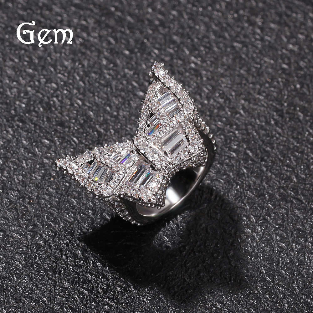 

New style micro inlaid large zircon butterfly ring fashion exaggeration Gold Plated Hip Hop ring
