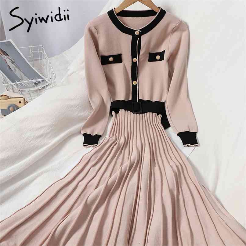

Fashion High Waist Knitted Dresses Women Breasted Contrase Color Long Sleeve O-Neck A-line Pleated Spring Korean 210607, Purple