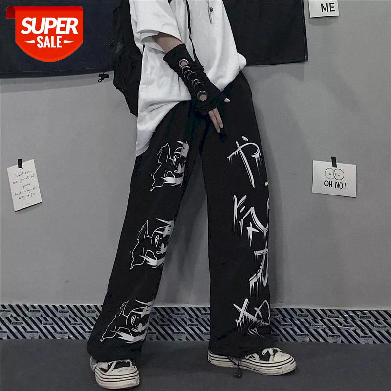 

Japanese anime ins retro streetwear high waist pants women plus size casual trousers womans wide leg straight couple clothes #3J8B, Black;white