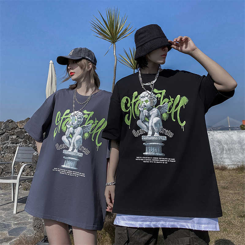 

Drop Hip Hop Harajuku Print Short Sleeve Tees Shirts Couple Streetwear Fashion Casual Loose 100% Cotton Tshirts Tops Men 210629, Black