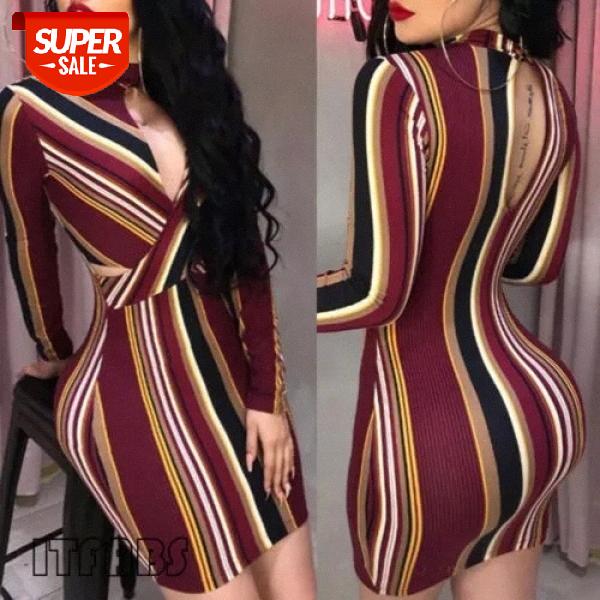 

AU Women Bodycon Long Sleeve Stripe Summer Beach Party Cocktail Club Short Mini Dress #SU0s, Black;gray