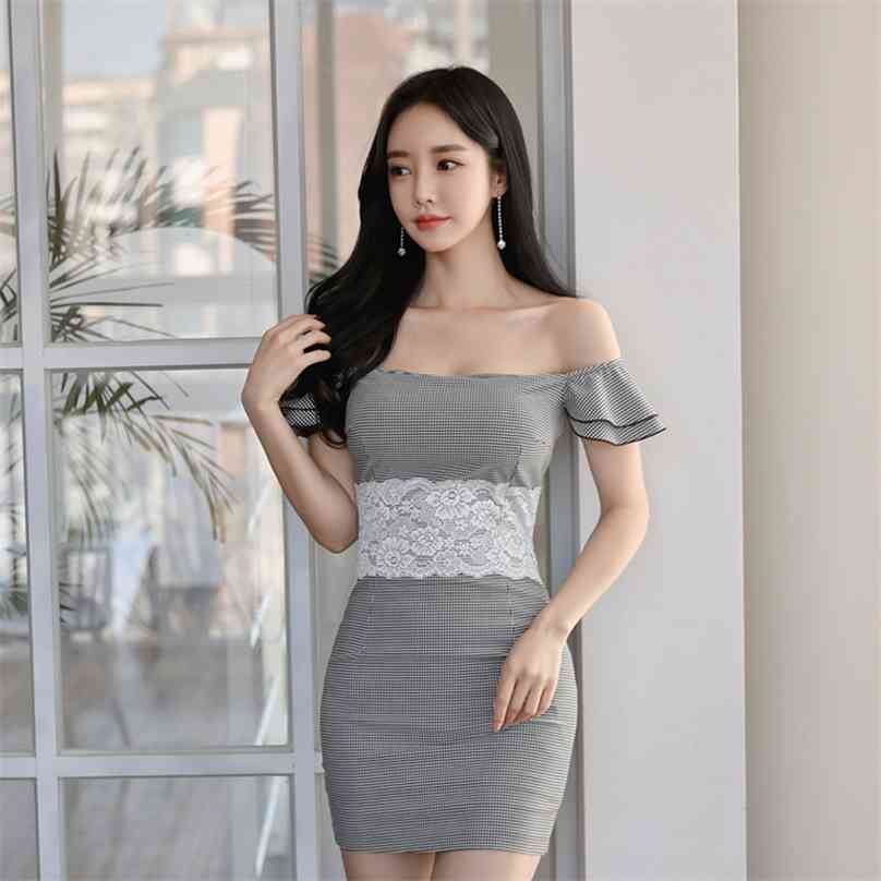 

Han edition sexy led the dew shoulder lace spell a word to receive package hip waist cultivate one' morality dress is femal 210602, Dark grey