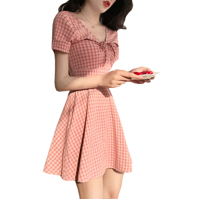 

2021 Women Mini Dress Preppy Look V Neck Plaid Checks V-neck A Line Flare Dress Vestidos Vintage Female Summer Dresses, Black;gray