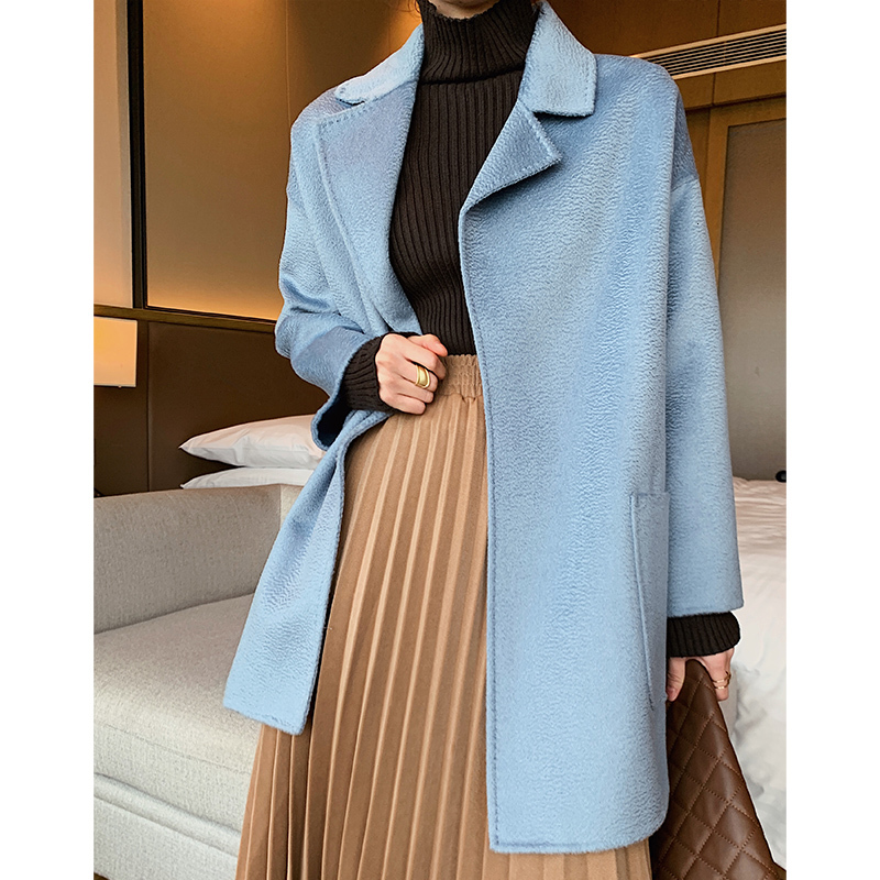 

2021 Autumn Winter Women Overcoat Ladies Long Sleeve the New Fashion Mid-long Jacket Coats 100% Merino Wool Thick Warm Zefg, Light blue
