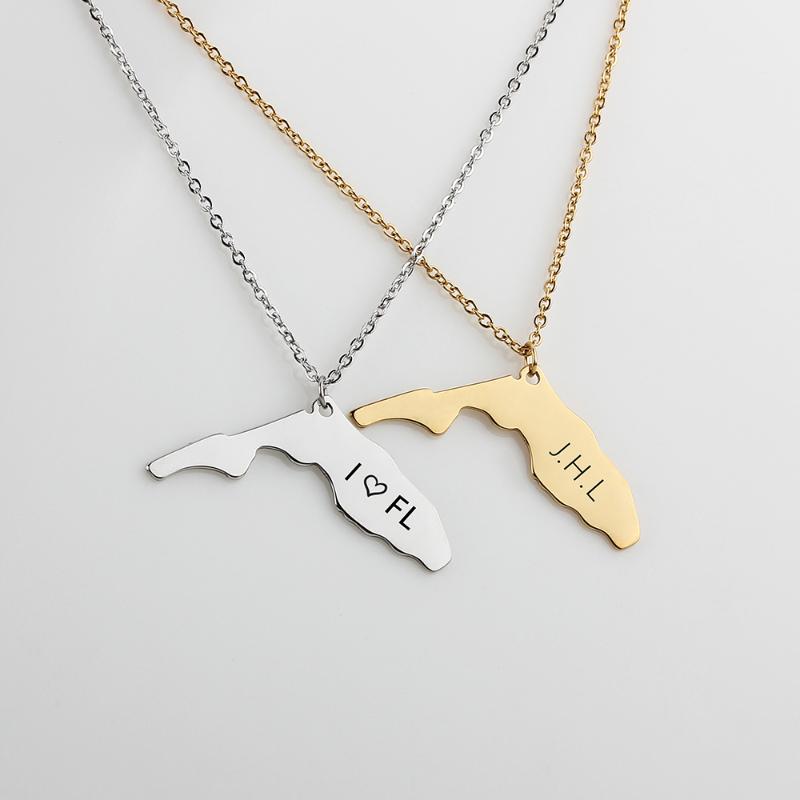 

Pendant Necklaces My Heart In Florida Map Jewelry Necklace, Name, Initials, Coordinates Latitude And Longitude , Gifts For Friends