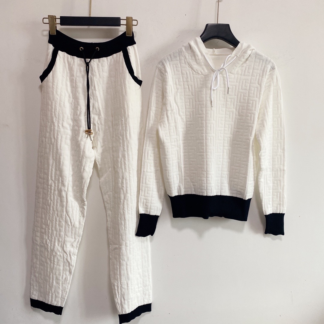 

Women's Two Piece Pants 2021 Autumn Hooded Long Sleeve Print Panelled Coat And Brand Same Style Clothing 0806-6, White