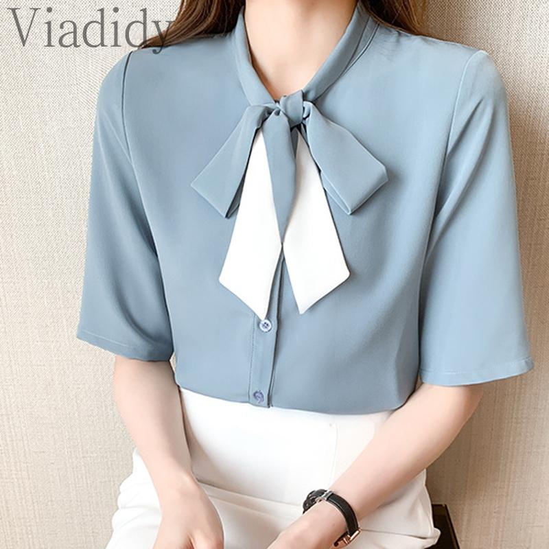 

Women' Blouses & Shirts Summer OL Chiffon Shirt Women Single-Breasted Bow-Collar Design Slim Short Sleeve Blouse, Blue
