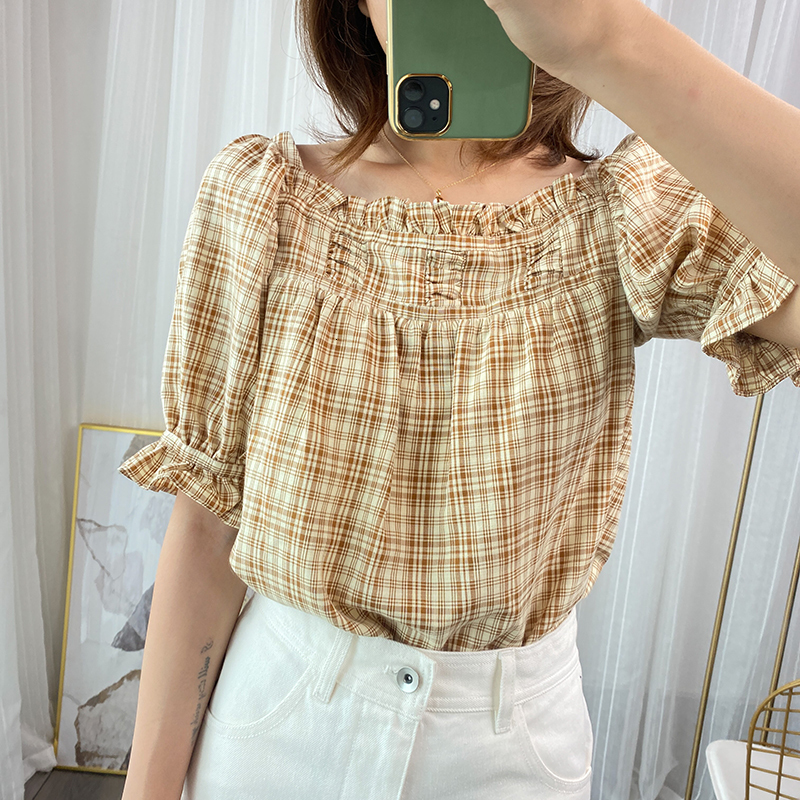 

2021 New Xadrez Camisa Curta Das Mulheres Slash Neck Retro Manga Babados Vero Nova Blusa Feminina Kqms, Black