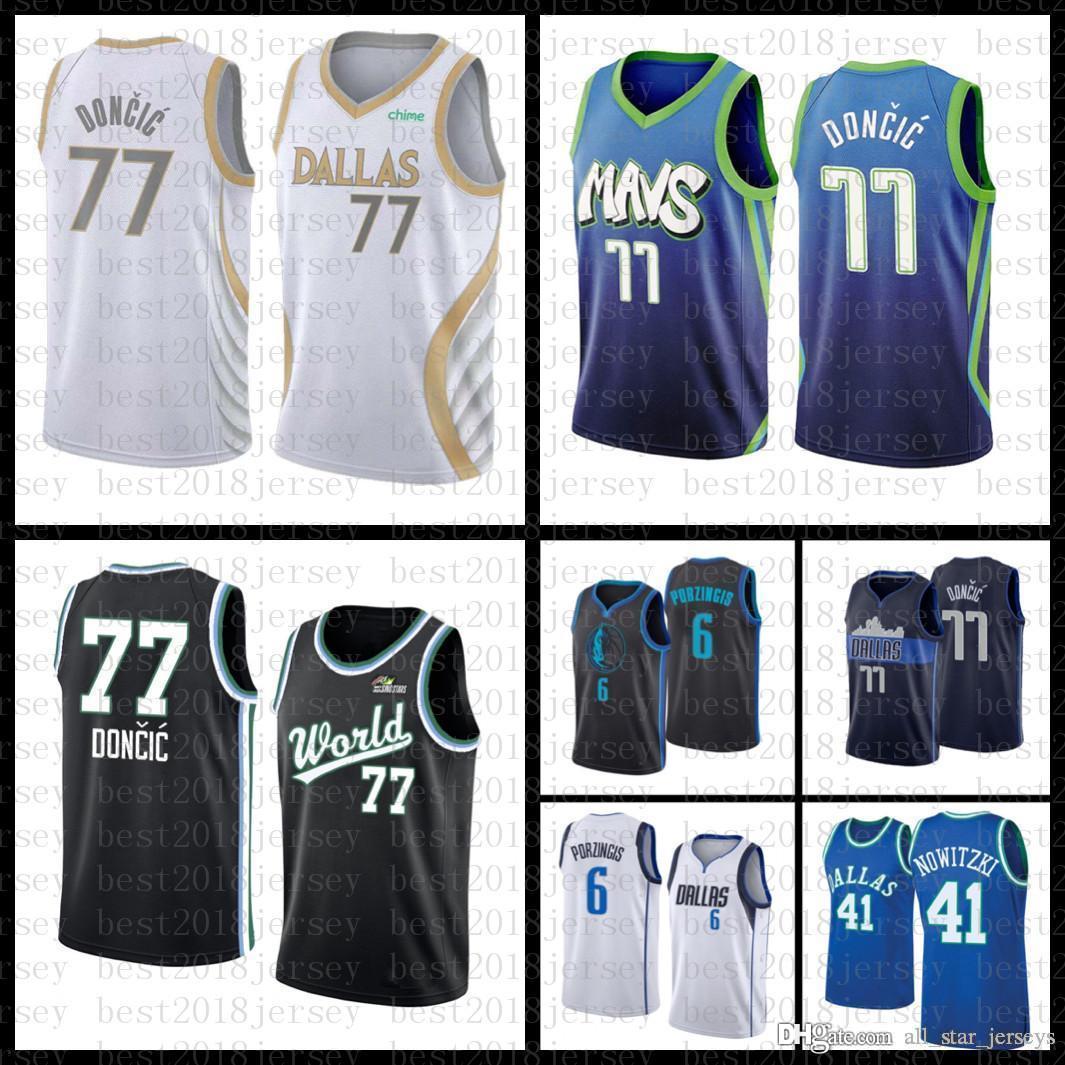 

2021 New Basketball Jersey Dallas Mavericks Mens Luka Kristaps 6 Porzingis 77 Doncic Dirk 41 Nowitzki Mesh Retro, Black;red