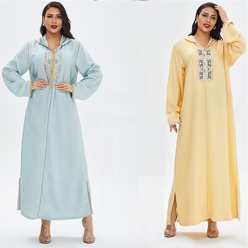 

Casual Dresses Muslim Dress Pajamas Dubai Women's Fashion Long Embroidery Big Middle East Robe Women Summer 2021, Blue
