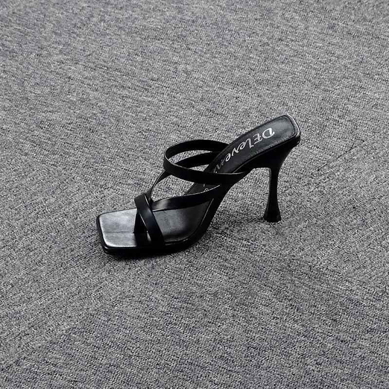

Sandals 2022 Summer Fashion Women Square Open-toed Slip-on Soild High Heels Hollow Zapatos De Moda Mujer Large Size 35-43, Apricot