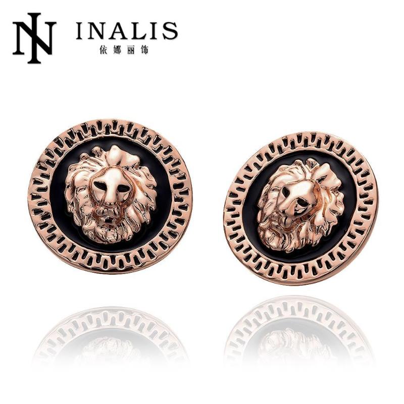 

Stud INALIS Rose Gold Color Lion Face Black Background Round Earrings E963-B