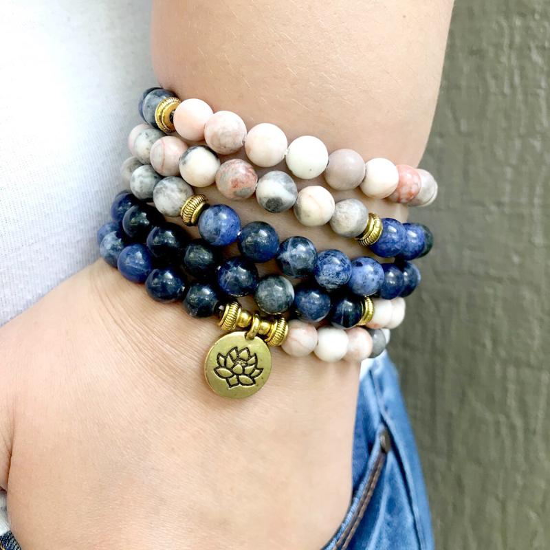 

Beaded, Strands Manyue Natural Sodalite Throat Chakra 108 Mala Bracelet Pink Zebra Jaspers Spiritual Healing Jewelry For Women