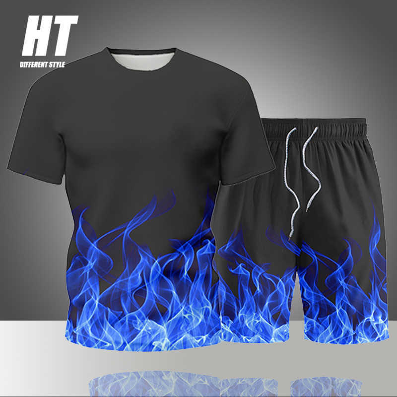 

2Pc Set Men' Brand Men Sportswear Gym Fitnes Quick Dry Flame T-shirt Sport Suits+Sports Joggers Tracksuits Workout Training Set 210603, Fk214gray