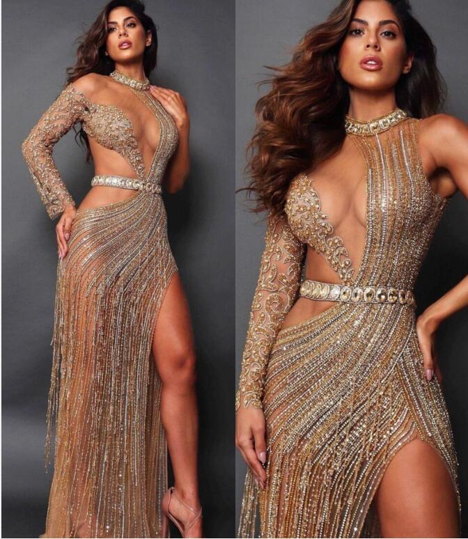 

Women Cloth Evening dress Yousef aljasmi One shoulder Split Beads Tassel Crystal Long sleeve Labourjoisie Kim kardashian kylie jenner, Customize