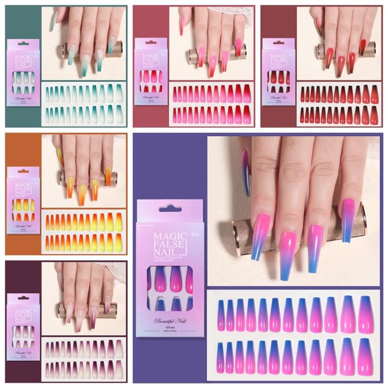 

False Nails 24pcs/Set Detachable Long Coffin Manicure Acrylic Full Cover Gradient Colorful Fake Nail Tips, Red;gold