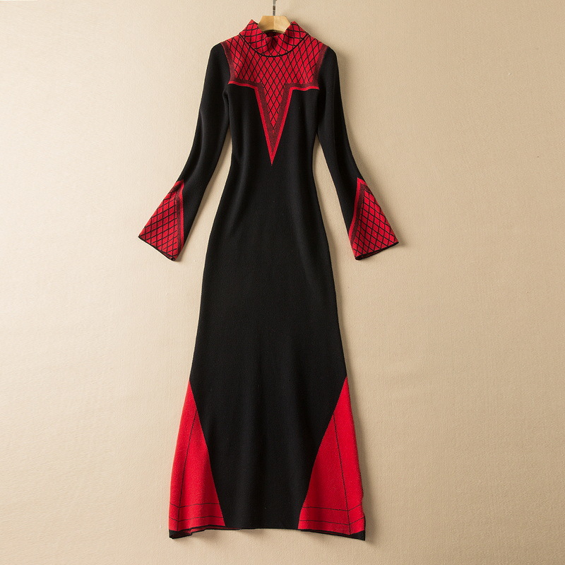 

2022 Spring Long Sleeve Stand Collar Black Red Contrast Color Stretch Knitted Panelled Long Maxi Dress Elegant Casual Dresses 21D161124, Black;gray