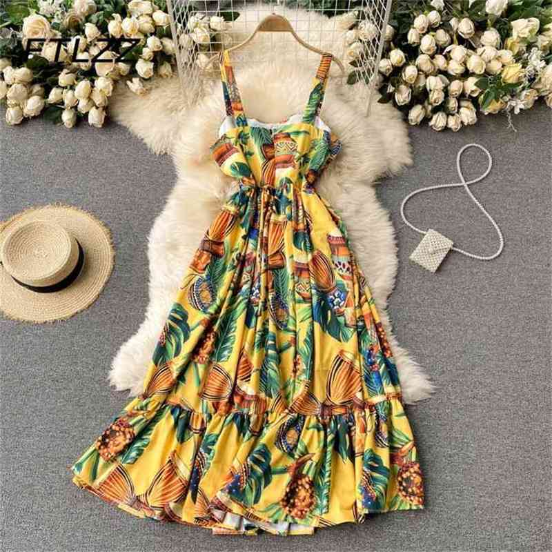 

Retro Women Bohemia Dress Summer Fashion Square Collar Slim A Line Vintage Dresses Ladies Printed Long Robe Vestidos Mujer 210525, Yellow