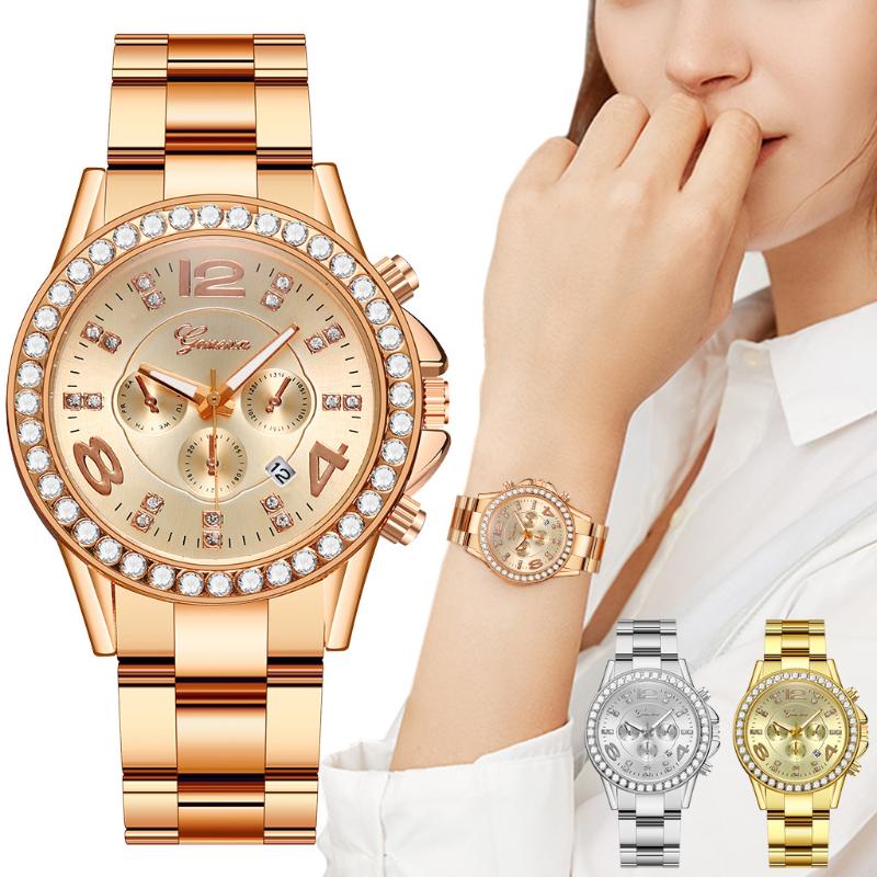 

Wristwatches Women Stainless Steel Date Watches Luxury Rhinestone Geneva Quartz Wrist Relogio Feminino, Silver