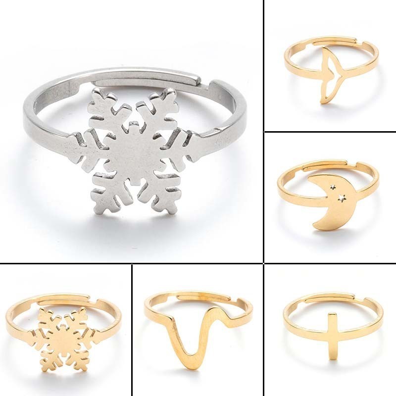 

Korean Girls Stainless Steel Snowflake Ring Simple Cross Moon Fish Tail Ring