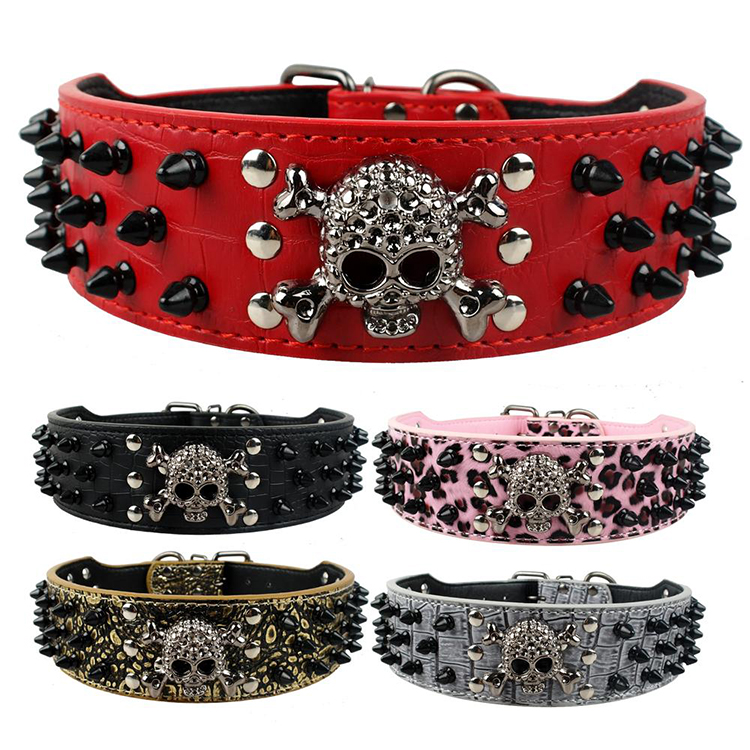 

Fashion Wide Spiked Studded Leather Dog Collars Bullet Rivets With Cool Skull Pet Accessories For Medium Large Dogs S-XL