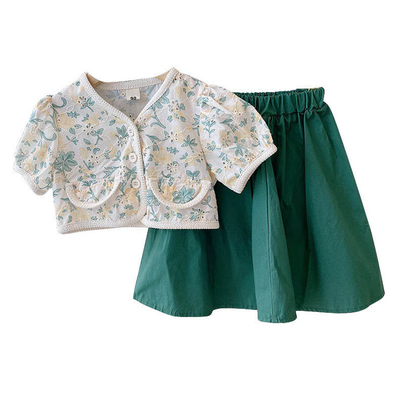 

Kids Clothing Sets Girls Outfits Baby Clothes Children Dress Children's Wear Summer Short Sleeves Flower Tops Skirts Two-Piece Suits B7064, Green