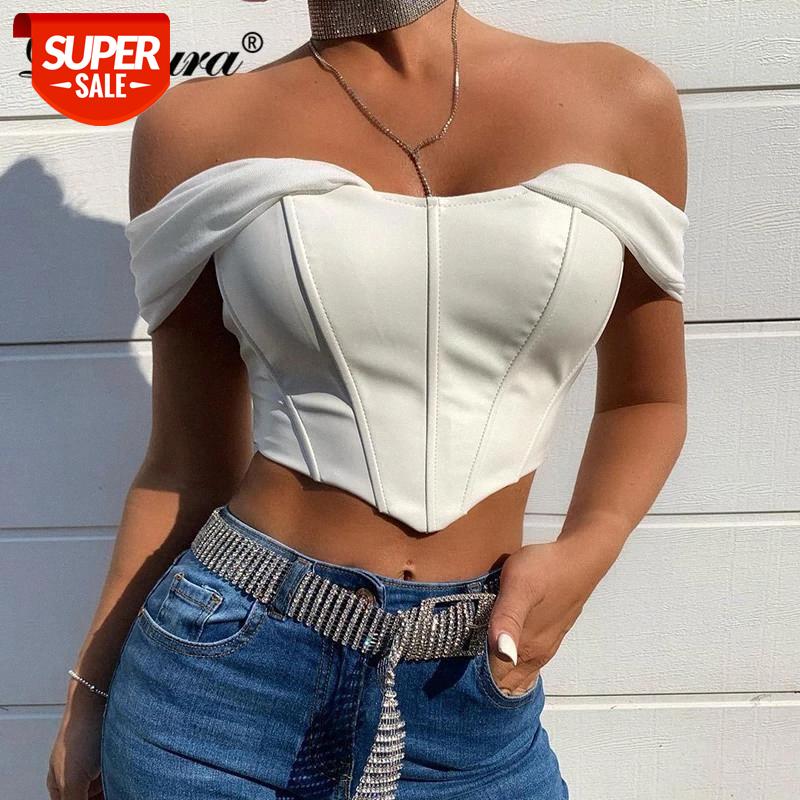

Dulzura Pu Faux Corset Top Strap Camis Patchwork Bodycon Sexy Streetwear 2020 Autumn Winter Club Party Elegant Bustier Crops #ri2U, White