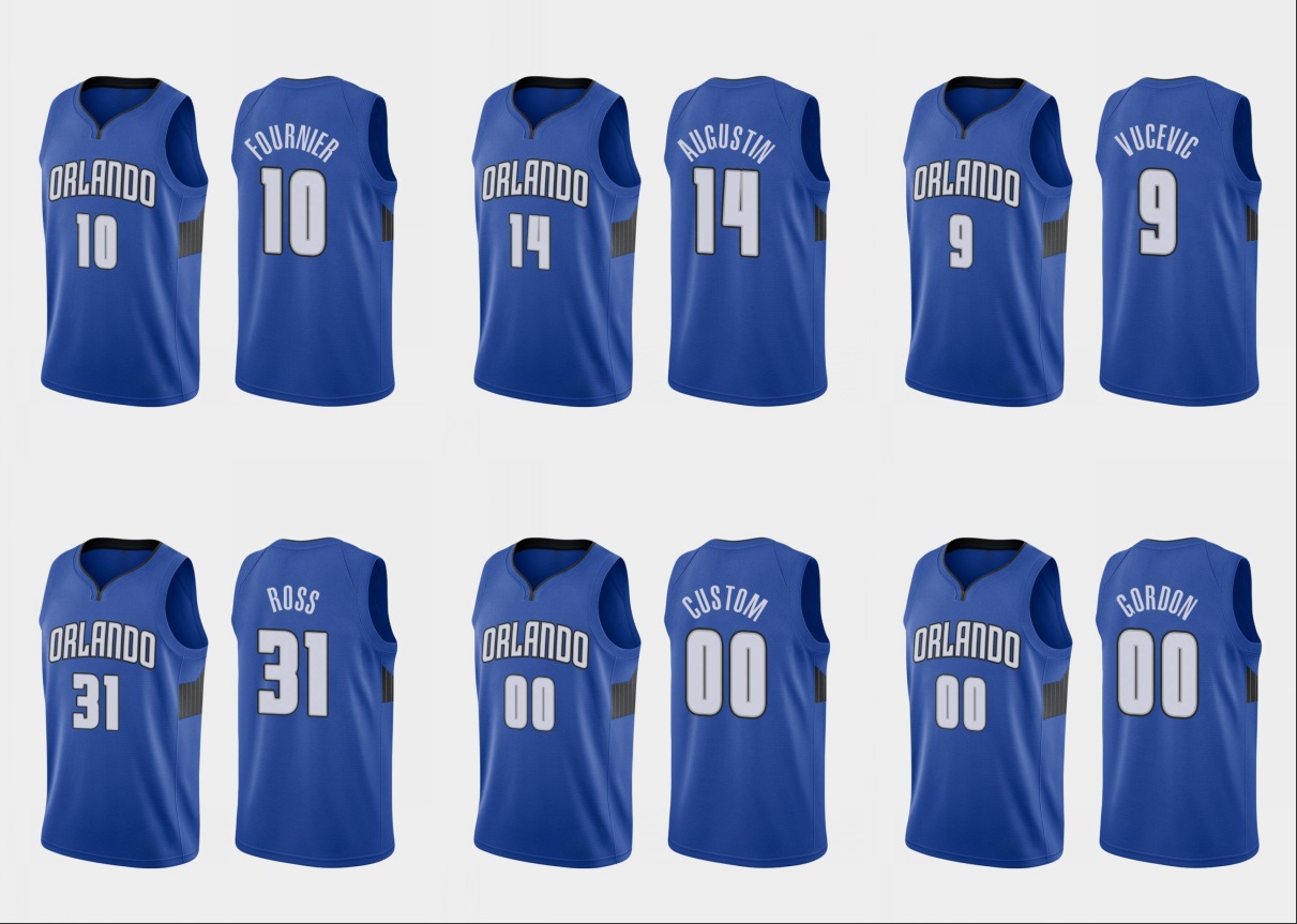 

Orlando Magic Men Nikola Vucevic Evan Fournier Aaron Gordon D.J. Augustin NBA Blue Custom 2020 Statement Edition Jersey, Black;red