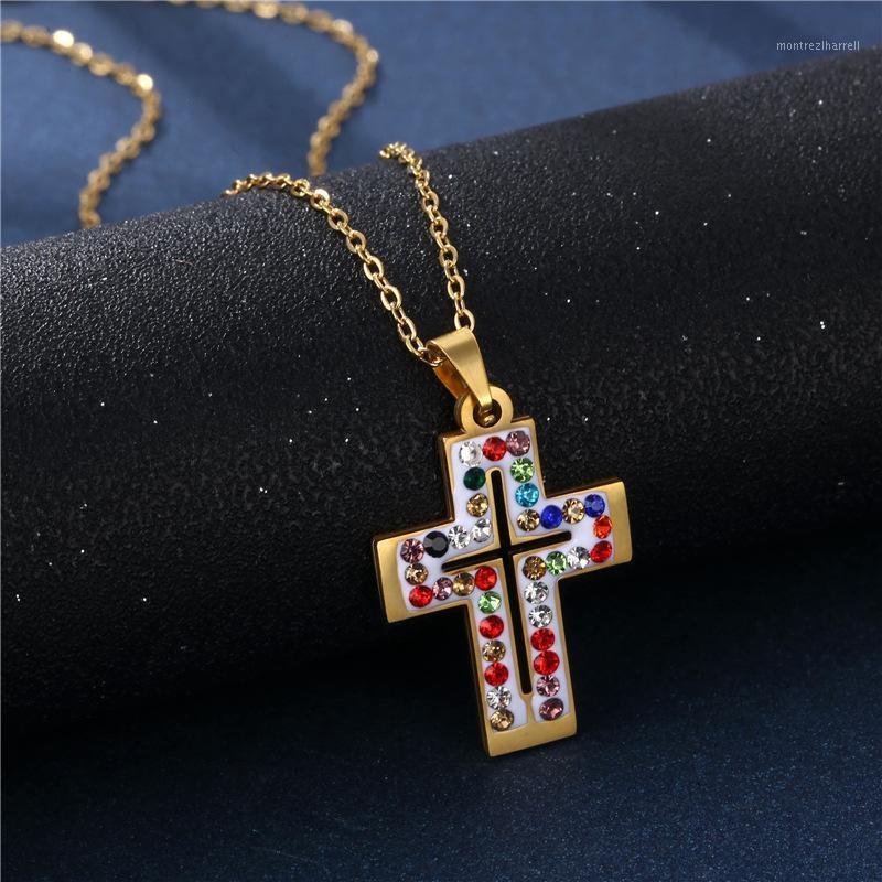 

Chains THJ 2021 Catholic Jesus Cross Stainless Steel Mix Crystal Chain Necklaces Women/Men Gold Color Jewelry Pendentifs