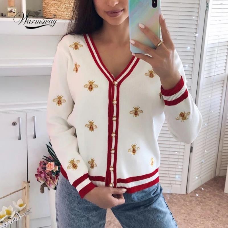 

High Quality Fashion Designer sweater Bee Embroidery Cardigan coat Long Sleeve Single Breasted Contrast Color Button Knitted Sweaters, Black