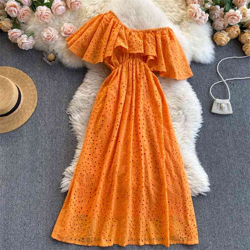 

INS Fashion Retro Holiday Beach Long Dress Oblique collar Off-shoulder Embroidery Hollow Cotton Casual Summer 210525, Orange