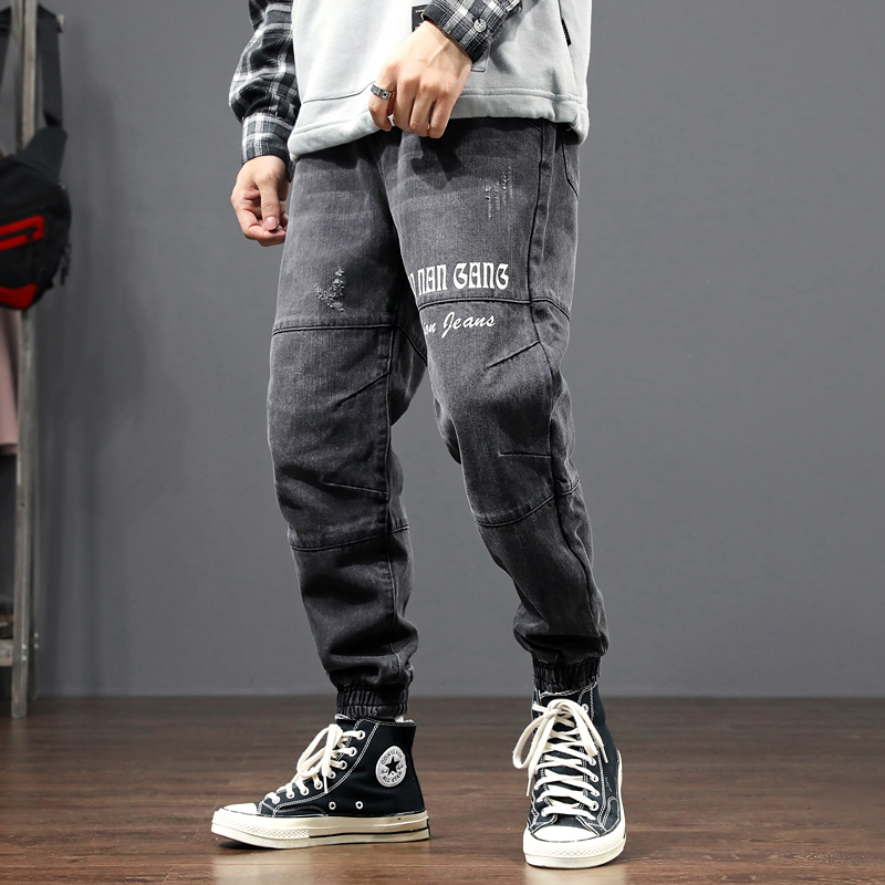 

2021 New Fashion Streetwear Loose Fit Black Gray Printed Designer Harem Japanese Style Hip Hop Jeans Men Cargo Pants T17u