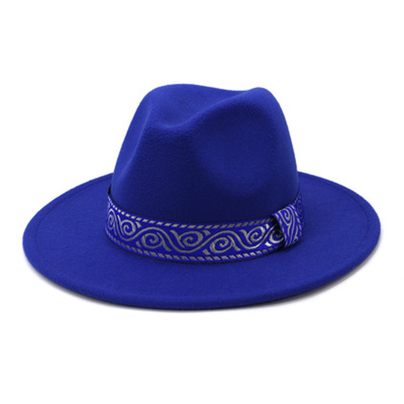 

2021 New Fedora Wide Brim Ribbon Band Print Felted Hat Autumn Blue Pink Black Formal Outdoor Men Women Winter Hats 6iye
