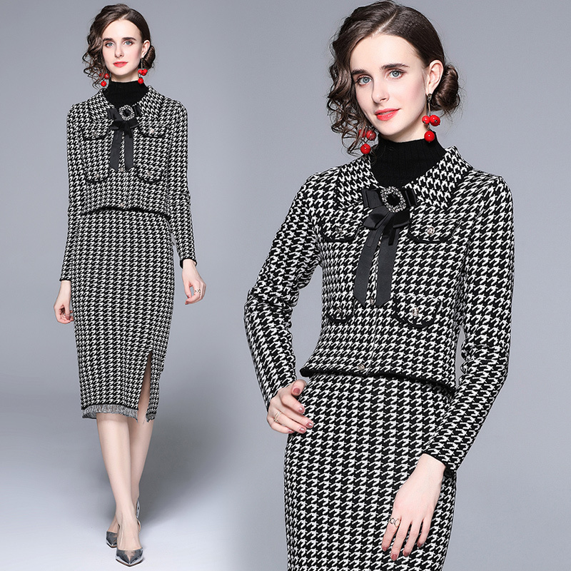 

Wholesale New Arrival Fall Winter 2pcs Sets Lapel Neck Long Sleeve Bird Lattice Knitwear Women Ladies Party Fashion Elegant Temperament Slim MIDI Skirt Suits Outfit, Qq8333