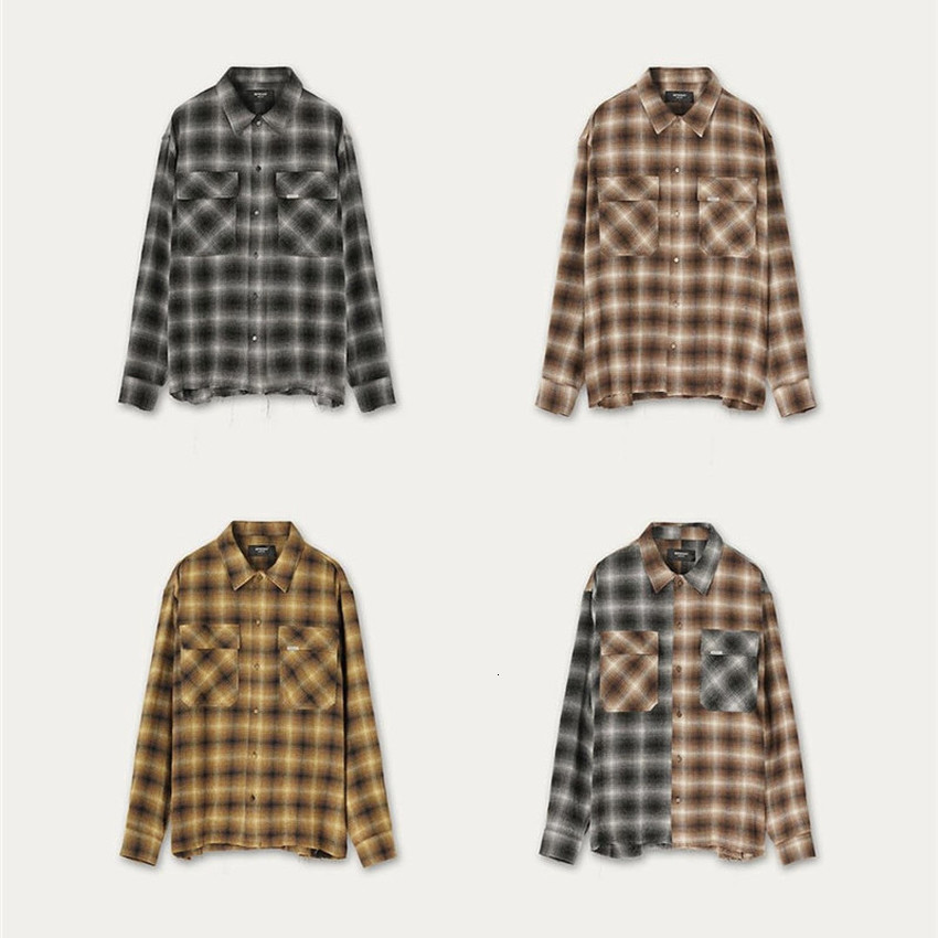 

2021 New Gray Brown Plaid Represent Long Sleeve Shirts Men Women Best Quality Flannel Vintage Hem Destruction Cargo Pocket Top Xib6