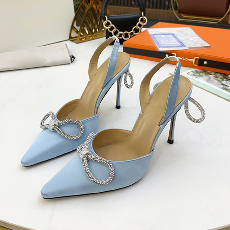 

Bow fairy silk high heeled sandals stovepipe artifact sexy fashion urban Blue style workplace essential can be matched with 35-42 heel height 9.5CM