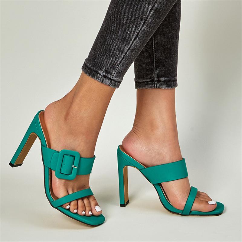 

New Summer Women Sandals Fashion Buckle Designer Ladies Shoes Gladiator Peep Toe Square High Heels Sexy flip flops, Green