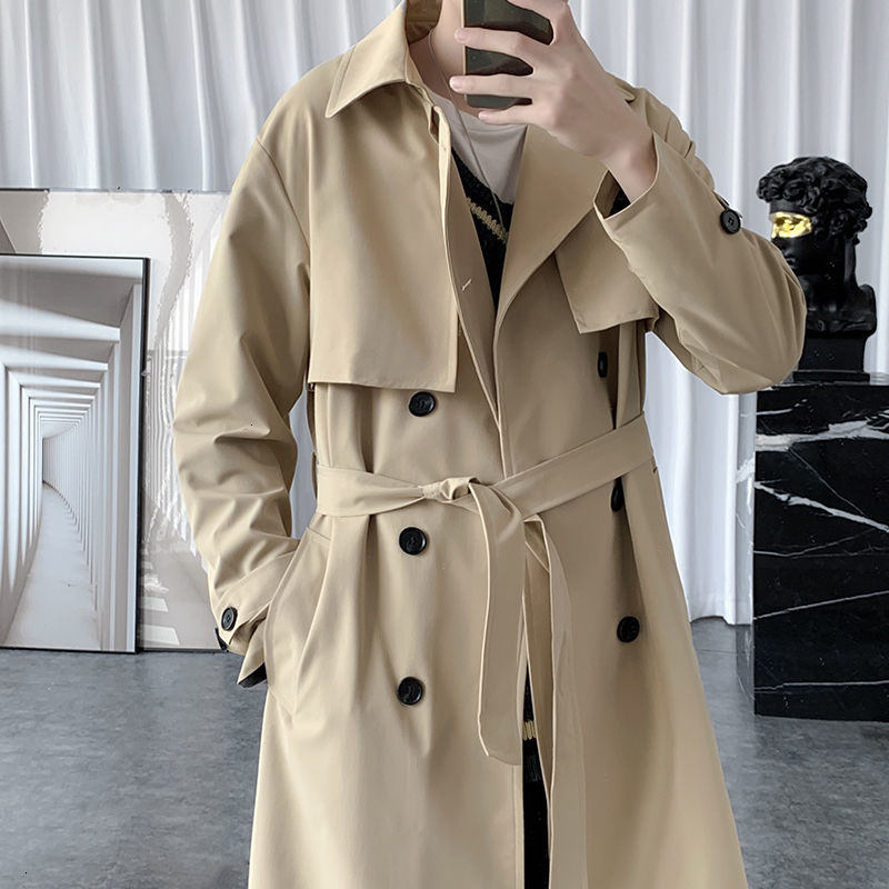 

2021 New Autumn Korean Style Trench Men's Fashion Solid Color Casual Long Coat Men Streetwear Loose Windbreaker Jacket Mens Overcoat Hlu0, Khaki
