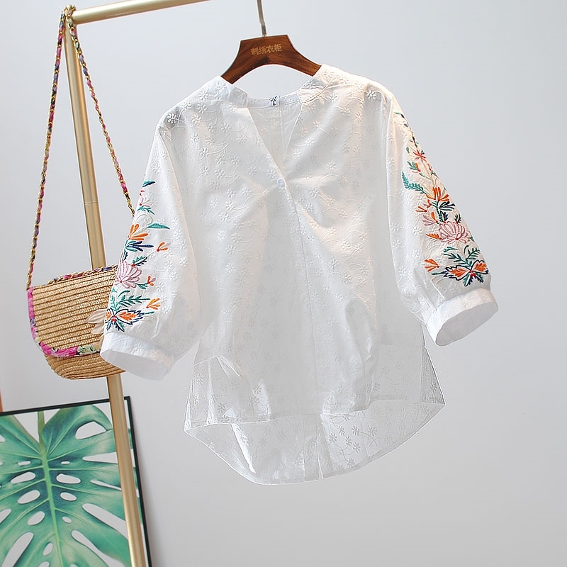 

VANOVICH V Collar Cotton Women Blouses Embroidered Summer Sunscreen Wild Casual Fashion Clothing 210615, White