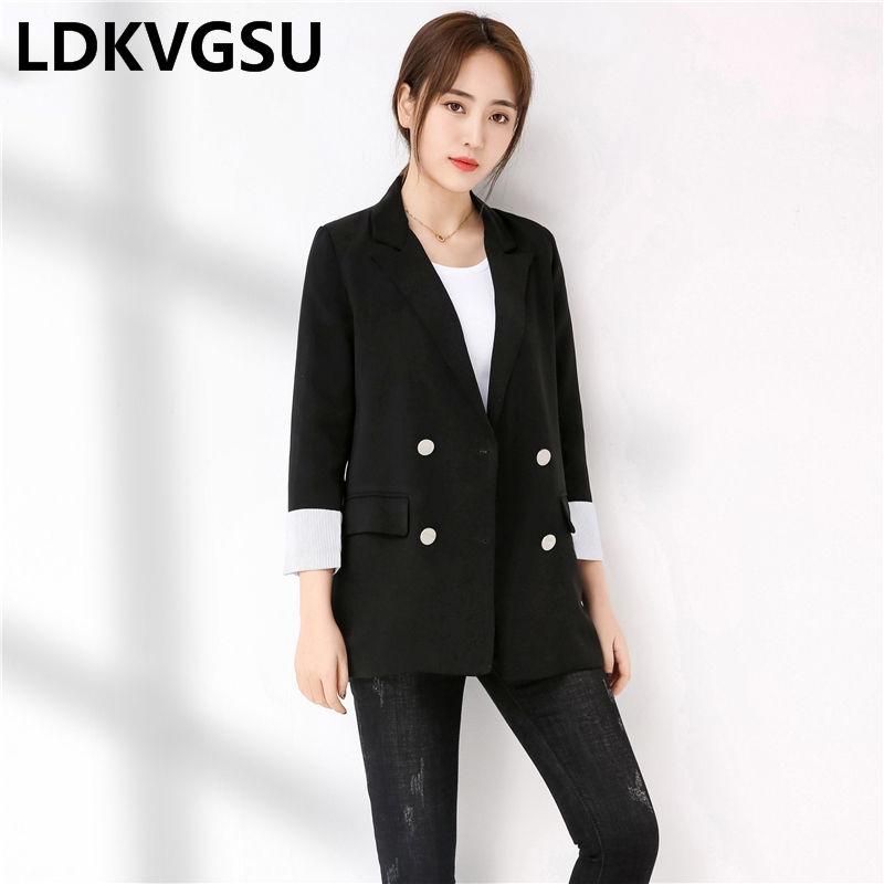 

Women' Suits & Blazers Black Suit Jacket Female Medium Long 2021 Spring Autumn Korean Loose Fashion Wild Double Breasted Casual Femme Blaze