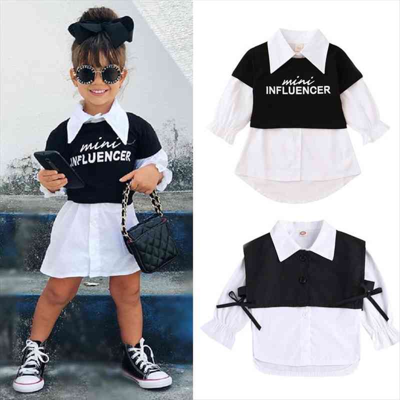 

1 5y autumn infant baby girls dress t shirts 2pcs letter print solid long sleeve single breasted dresses, White