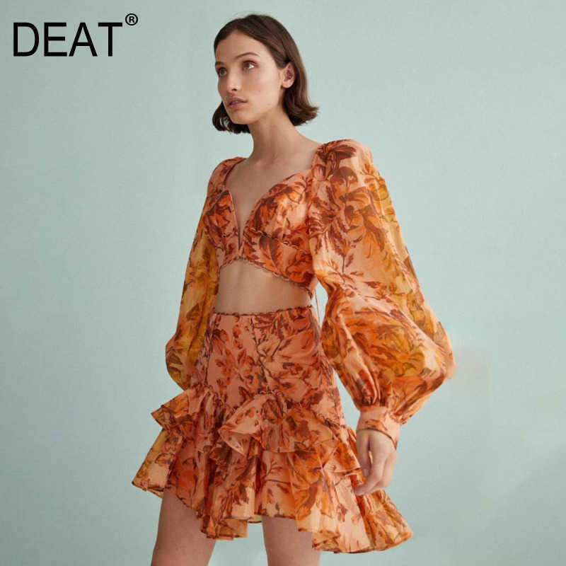 

[DEAT] Sexy V-neck Lantern Long Sleeve Back Cross Tie Jacket Cake Skirt Print Suit 2 Piece Sets Womens Outfits Summer 210527, Picture color