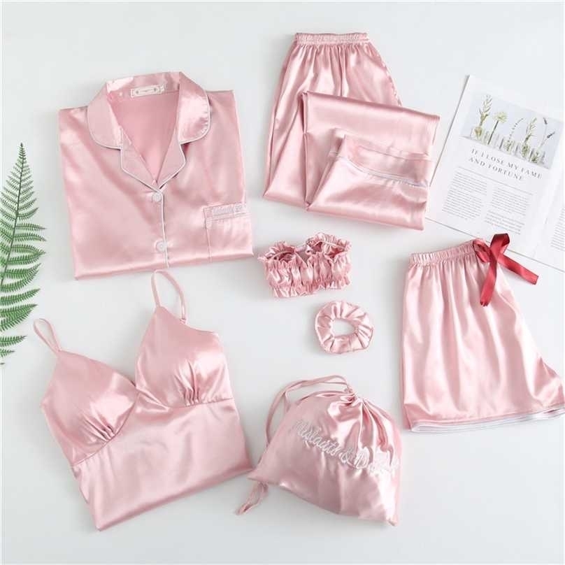 

JULY'S SONG 7 Pieces Faux Silk Stain Pajamas Sets With Chest Pad Pyjama Sexy Sling Shorts Long Sleeve Pants Sleepwear Top 211109, Color 04