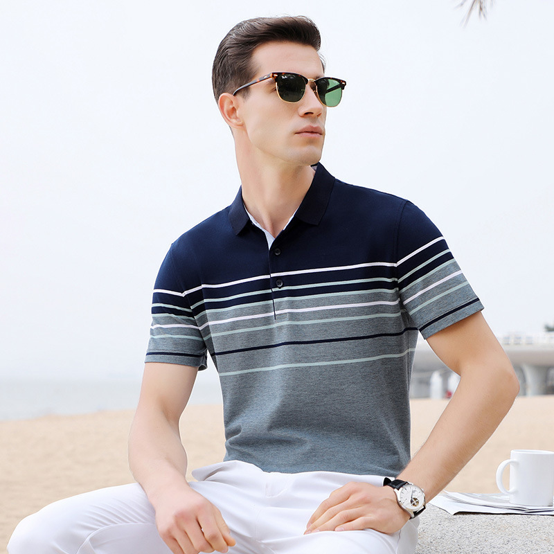 

2021 New Men Summer Short Sleeve Smart Casual Clothing Fashion Contrast Color Striped Polo Shirt Mens Breathable Tops 1mkk, Light blue