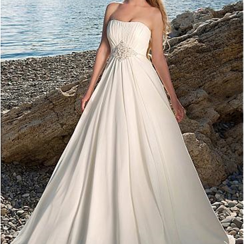 

2021 New Charming Chiffon Strapless Bridal A-line Floor Length Ruched Bodice Es with Beading Beach Wedding Gown 4vg2, Champagne