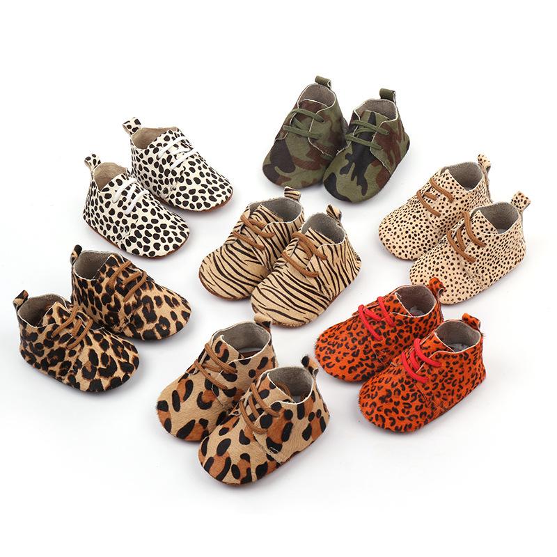 

First Walkers Genuine Leather Baby Shoes Leopard Print Moccasins Horse Hair Boys Lace Girls Soft